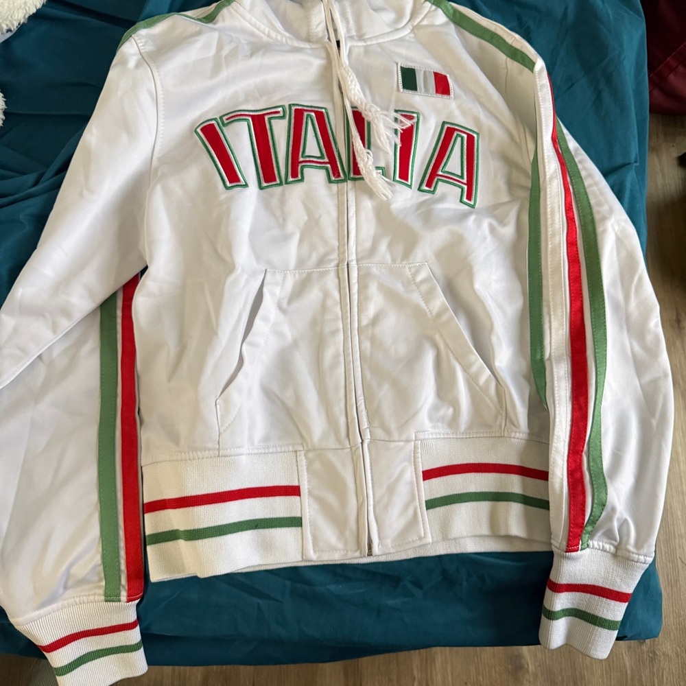 White Italia Track Jacket with Red and Green Stripes-XL (but runs small).